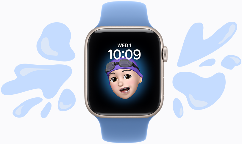 Apple Watch SE 3, aluminium case, starlight colour, Memoji watch face, illustrated water splashes off water-resistant device, Sport Band, wildflower blue colour