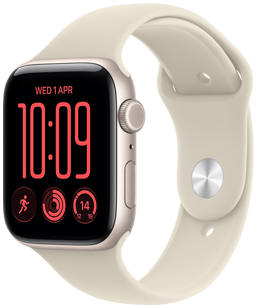 Apple Watch SE 3, aluminium case, starlight colour, Modular watch face, complications: day and date, Workouts, Activity rings, temperature, right side exterior, Digital Crown, side button, Sport Band, sand colour