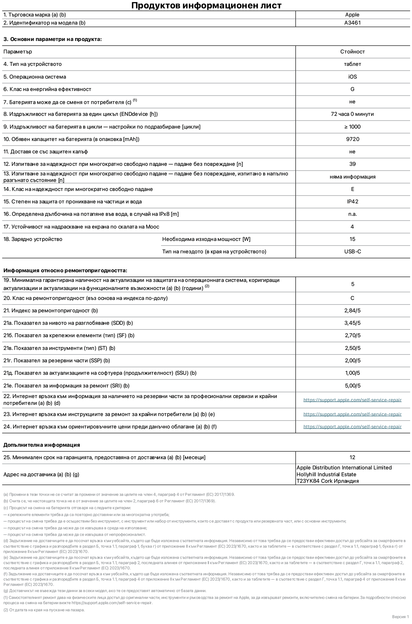 Продуктов информационен лист за 13-инчов iPad Air Wi-Fi, модел A3461. Доставено от Apple Distribution International Limited, Hollyhill Industrial Estate. Корк, Ирландия, T23 YK84. Тип устройство: таблет. Операционна система: iOS. Клас на енергийна ефективност: G. Батерията може да се сменя от потребителя: не. Издръжливост на батерията за един цикъл: 72 часа. Издръжливост на батерията в цикли – настройки по подразбиране: по-голямо или равно на 1000. Обявен капацитет на батерията: 9720 mAh. Доставя се със защитен калъф: не. Тест за надеждност при многократно свободно падане – падане без повреждане: по-голямо или равно на 39. Изпитване за надеждност при многократно свободно падане – падане без повреждане, тествано в напълно разгънато състояние: не е приложимо. Клас на надеждност при многократно свободно падане: Е. Степен на защита от проникване на частици и вода: IP42. Посочена дълбочина на потапяне във вода, в случай на iPx8: не е приложимо. Устойчивост на надраскване на екрана по скалата на твърдост на Моос: 4. Необходима изходна мощност на зарядното устройство: 15 вата. Тип на гнездото за зарядно устройство (от страната на устройството): USB-C. Минимална гарантирана наличност на актуализации за сигурност на операционната система, коригиращи актуализации и актуализации на функционалността: 5 години. Клас на ремонтопригодност: C. Индекс на ремонтопригодност: 2,84/5. Показател за нивото на разглобяване (SDD): 3,45/5. Показател за крепежните елементи: 2,70/5. Показател за инструменти: 2,50/5. Показател за резервни части: 2,00/5. Показател за актуализации на софтуера: 1,00/5. Показател за информация за ремонт: 5,00/5. Уебвръзка към информация за наличността на резервни части за професионални сервизи и крайни потребители: https://support.apple.com/self-service-repair. Уебвръзка към инструкции за ремонт за крайни потребители: https://support.apple.com/self-service-repair. Уебвръзка към ориентировъчни цени преди данъци: https://support.apple.com/self-service-repair. Предлага се 12-месечна обща гаранция.