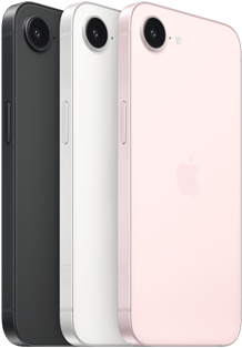 iPhone 17e, страничен и заден екстериор, черен цвят, страничен и заден екстериор, бял цвят, страничен и заден екстериор, нежно розов цвят, Fusion camera отгоре, страничен бутон