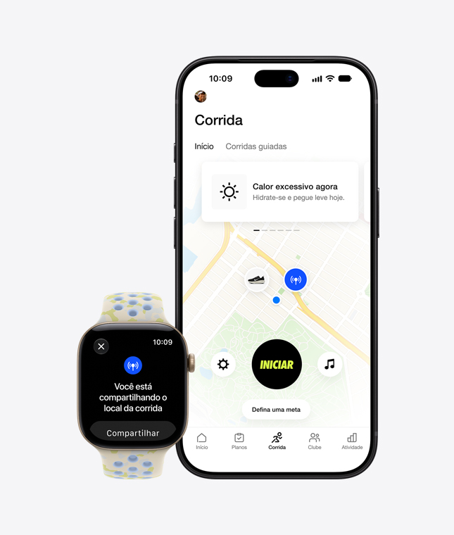 Apple Watch Series 12 com caixa dourada-clara de alumínio e pulseira loop esportiva Nike na cor Pavement Grey (cinza-escuro com padrão trançado cinza-médio e detalhe vermelho) mostrando a tela de compartilhamento de localização, iPhone 18 Pro com o app Nike Run Club mostrando uma corrida ao ar livre
