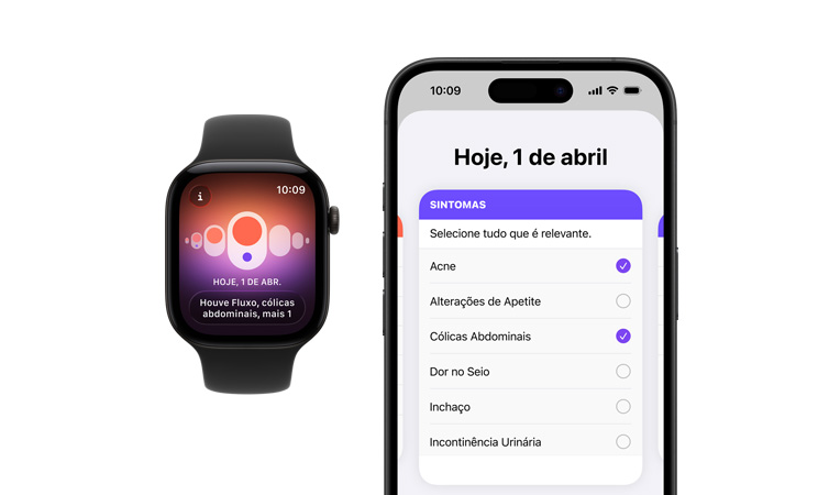 Apple Watch Series 12 com caixa natural de titânio e pulseira esportiva preta, app Acompanhamento de Ciclo, seletor de sintomas diários aberto no iPhone emparelhado
