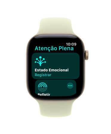 Apple Watch Series 12 com caixa dourada-clara de alumínio, app Atenção Plena aberto, pulseira esportiva suculenta-pálida (verde-amarelado-clara)