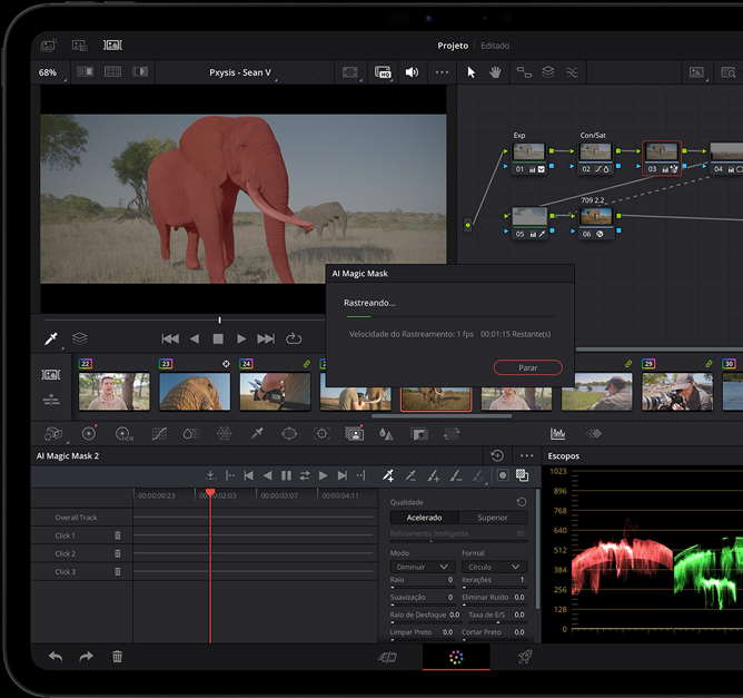 Parte da frente do iPad Pro preto-espacial, mostrando um app de edição de vídeo com timelines e controles, e a ferramenta AI Magic Mask rastreando e aplicando efeitos especiais a um clipe de elefantes