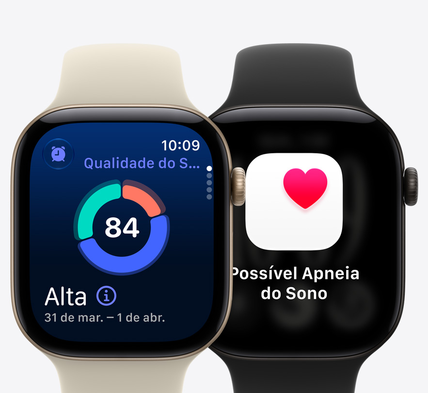 Relógios Apple Watch Series 12 com tela mostrando a Qualidade do Sono e uma notificação de possível apneia do sono