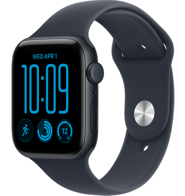 Apple Watch SE 3, aluminum case, midnight colour, Flux watch face, right side exterior, Digital Crown, microphone, side button, midnight Sport Band, silver pin-and-tuck closure