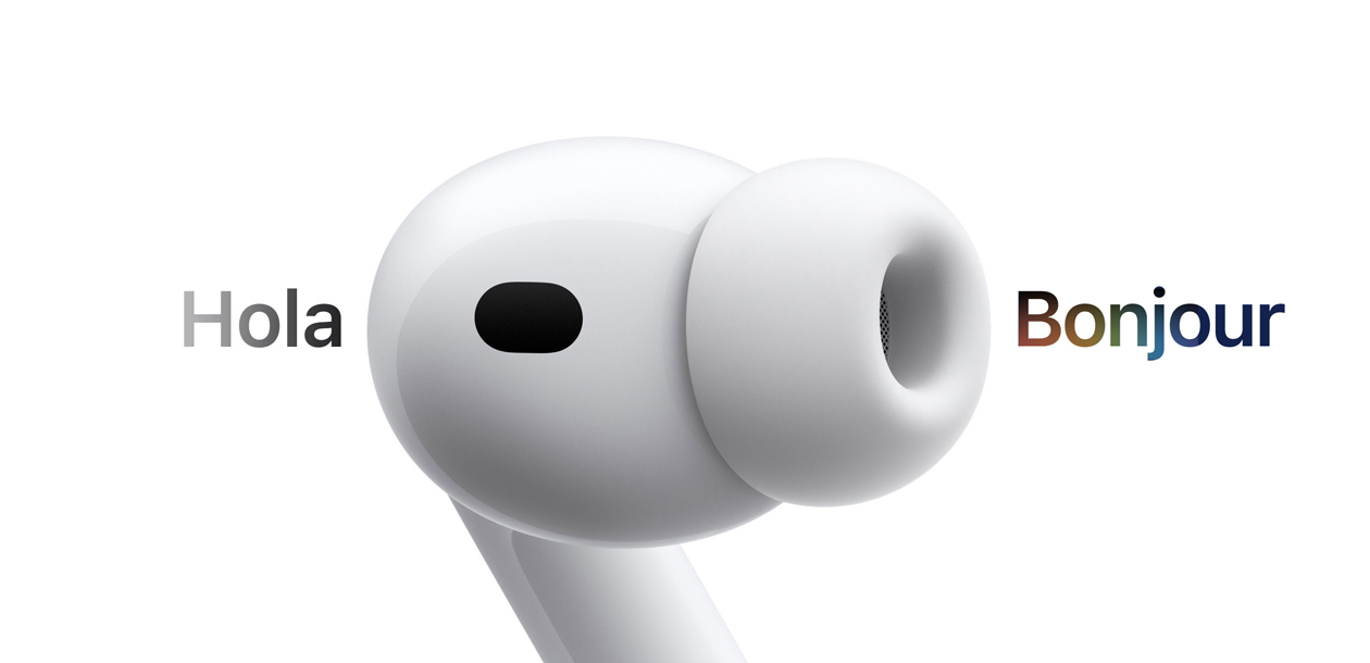 AirPods Pro 3, écouteur avec embout en silicone, la traduction en direct du texte espagnol « hola » en texte français « bonjour »