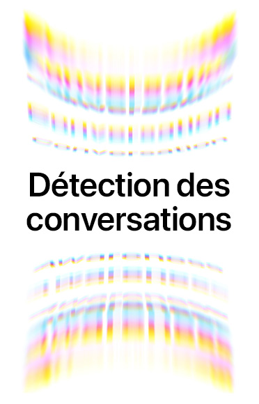 Ondes sonores d’ambiance sous forme d’arcs colorés, en haut et en bas, le texte au centre indique : Détection des conversations