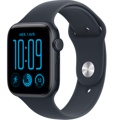 Apple Watch SE 3, boîtier en aluminium, minuit, cadran Flux, côté droit, Digital Crown, microphone, bouton latéral, bracelet sport minuit, fermoir à clou et passant argent
