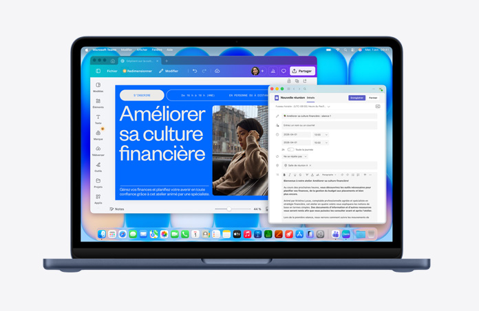 Un MacBook Neo minuit, affichant une page web sur la littératie financière avec l’image d’une personne, un courriel en cours de rédaction ouvert, barre des menus avec diverses icônes, Dock au bas de l’écran avec des icônes d’apps