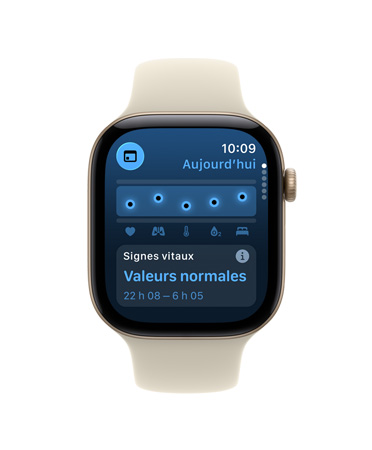 Apple Watch Series 12, boîtier en aluminium, couleur gris cosmique, app Signes vitaux, tableau des données de santé, notification indiquant des signes vitaux nocturnes normaux, bracelet sport, couleur sable (brun très pâle)