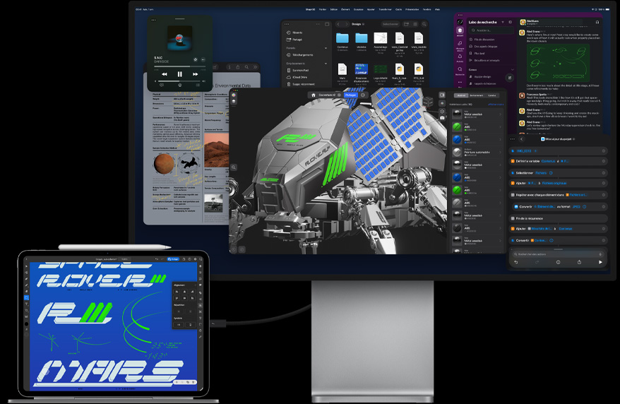 Un iPad Pro fixé à un Magic Keyboard, face avant, tous connectés à un moniteur Studio Display, l’écran de l’iPad Pro affiche une app de graphisme, des couleurs éclatantes et du texte, le Studio Display affiche diverses apps et un modèle 3D
