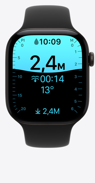 Apple Watch Series 12, boîtier en aluminium, couleur noir, écran affichant l’app Profondeur, plongée à 2,4 mètres, bracelet sport, couleur noir