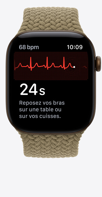 Apple Watch Series 12, boîtier en aluminium, couleur bronze foncé, app ECG, ligne de fréquence cardiaque et minuterie, bracelet sport à rabat tressé, couleur olive