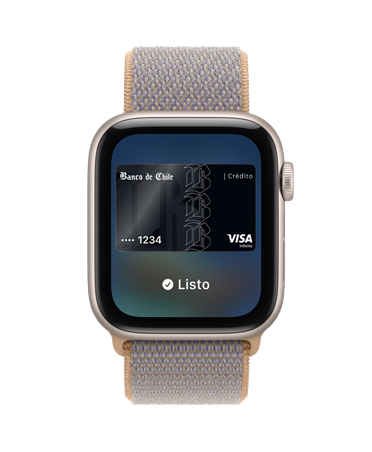 Apple Watch SE 3, caja de aluminio, color blanco estelar, la pantalla muestra la app Wallet, imagen de una tarjeta de pago, parte lateral derecha, Digital Crown, correa loop deportiva, azul cambray (gris azulado claro)