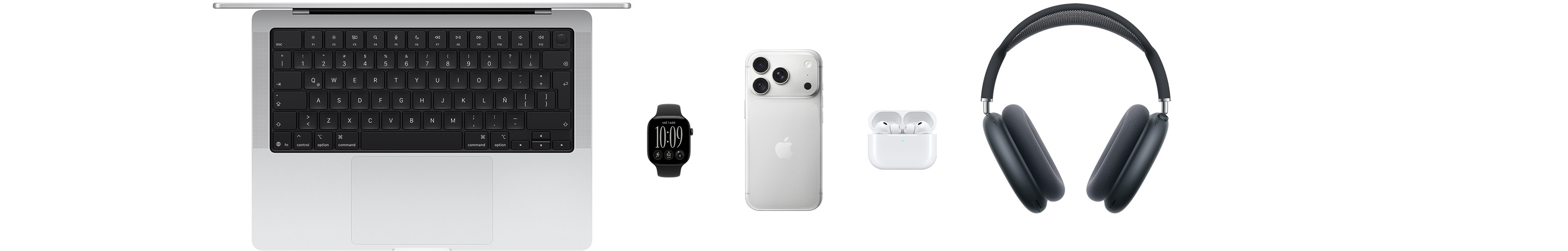 Varios productos Apple, como un MacBook Pro, un Apple Watch Series 12, un iPhone 18 Pro, unos AirPods Pro 3 y AirPods Max