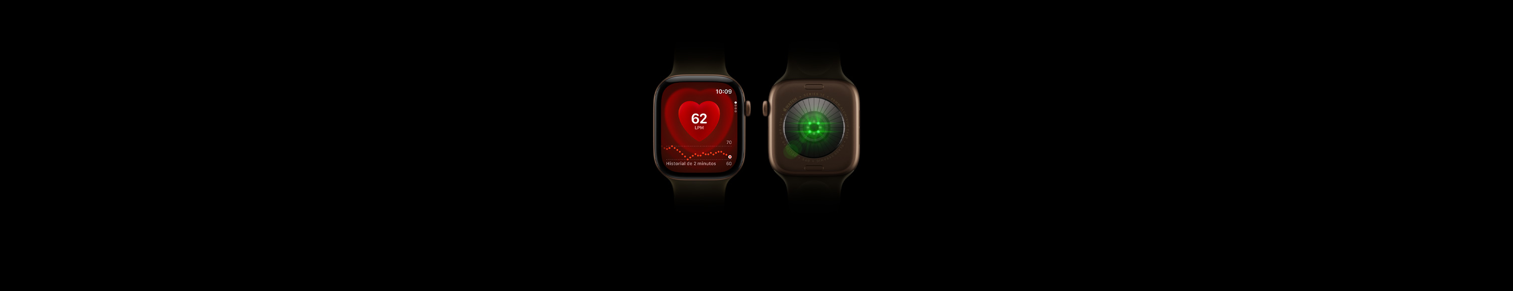 Dos dispositivos Apple Watch Series 12, caja de aluminio, color bronce oscuro, correa deportiva color oliva, uno muestra la parte frontal del reloj con la app Frecuencia Cardiaca, el otro muestra la parte trasera del reloj con el sistema de registro de datos de salud con luces LED verdes