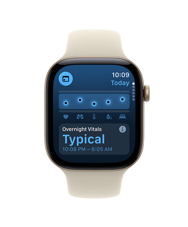 Apple Watch Series 12, hliníkové pouzdro, vesmírně šedá barva, aplikace Životní funkce, graf se zdravotními údaji, oznámení o tom, že zdravotní údaje byly během noci typické, sportovní řemínek, písková barva (světlá žlutohnědá)