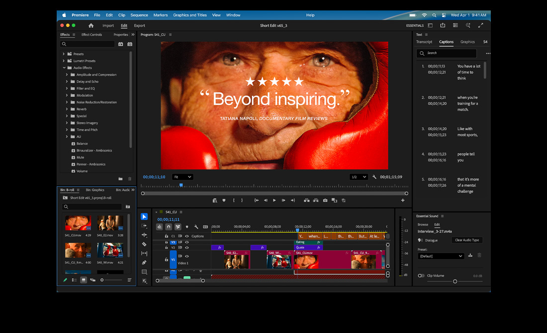 Na obrazovce MacBooku Pro je vidět upravování filmu s názvem Eternal Play v Adobe Premiere