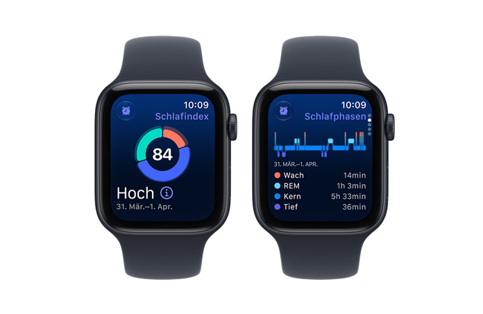 Apple Watch SE 3 devices, aluminum cases, midnight color, screens show sleep score, sleep stages, right side exterior, Digital Crown dials, Sport Bands, navy blue color