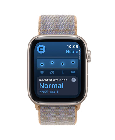 Apple Watch SE 3, screen shows overnight vitals, aluminum case, starlight color, right side exterior, Digital Crown dial, connected to Sport Loop band, chambray blue color (light blue-gray)
