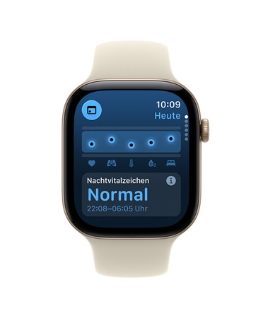 Apple Watch Series 11, Aluminiumgehäuse, Farbe Roségold, Vitalzeichen App, Diagramm mit Gesundheitsbewertung, typische Mitteilung zu im Schlaf erfassten Vitalzeichen, rechte Seitenansicht: Digital Crown, Sportarmband Blassrosa