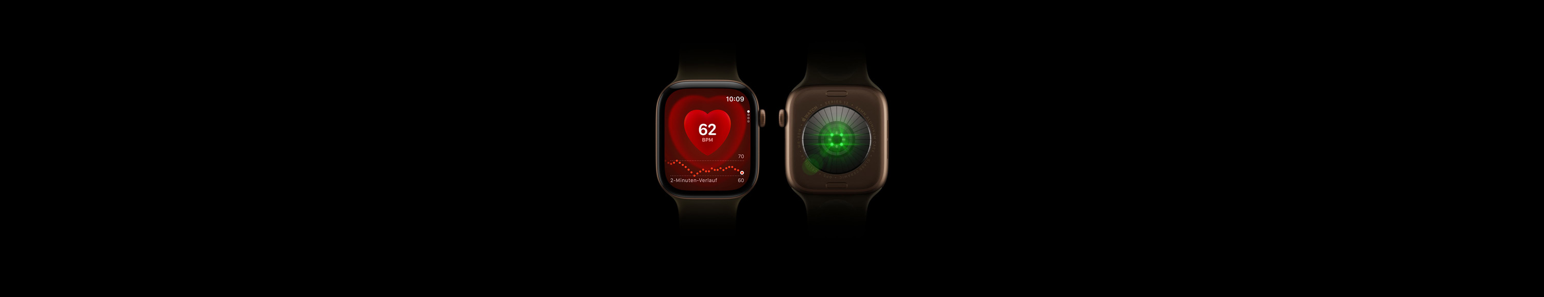 Zwei Apple Watch Series 12 Modelle, Aluminiumgehäuse, Farbe Dunkelbronze, Sportarmband in Olive, eine zeigt die Vorderseite mit der Herzfrequenz App, die andere zeigt die Rückseite mit dem System zur Gesundheitserkennung und leuchtenden grünen LEDs.