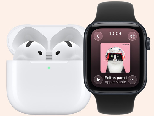 AirPods in MagSafe Charging Case, open, rounded corners, green charge indicator light, Apple Watch SE 3, aluminum case, midnight color, Apple Music app, playlist cover art, Sport Band, black color