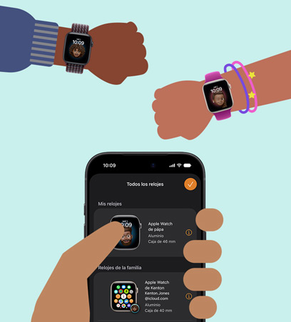 Apple Watch para tus Peques, ilustración de una muñeca infantil con Apple Watch SE 3 enlazados a un iPhone sostenido por una mano adulta