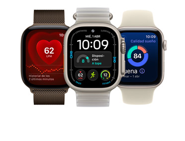 Tres dispositivos Apple Watch: Apple Watch Series 12, caja de aluminio, color bronce oscuro, app Frecuencia Cardiaca, pulsera Milanese Loop color bronce oscuro, Apple Watch Ultra 4, caja de titanio, color natural, esfera Modular con complicaciones de Preparación, Frecuencia Cardiaca, Entrenos e Índice UV, lateral derecho, Digital Crown, botón lateral elevado, correa Ocean color alga nori translúcida, Apple Watch SE 3, caja de aluminio, color blanco estrella, Calidad del Sueño, lateral derecho, Digital Crown, correas deportivas color arena