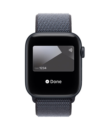 Apple Watch SE 3, aluminum case, midnight color, Apple Pay in Apple Wallet, right side exterior, Digital Crown, band, Sport Loop, anchor blue color