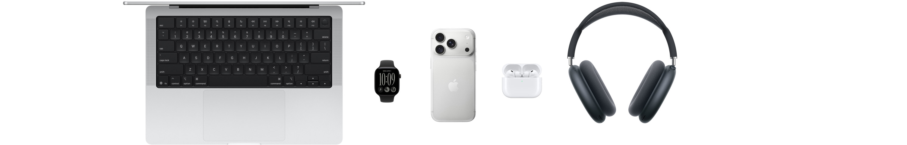 Forskellige Apple-produkter, herunder en MacBook, et Apple Watch Series 11, en iPhone 17 Pro, AirPods Pro 3 og AirPods Max