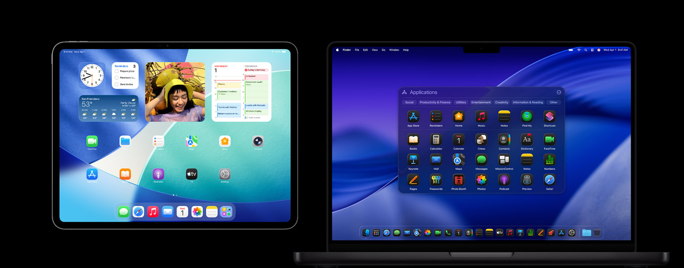Un iPad e un Mac che mostrano varie icone di app. Un iPad che mostra vari widget, tra cui Calendario, Meteo e Foto. Sullo sfondo di un Mac è visibile macOS Tahoe.