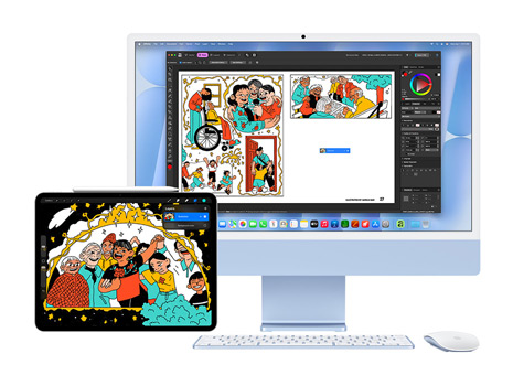 Un’illustrazione spiritosa e dai colori brillanti visualizzata su un iPad e un iMac desktop con macOS Tahoe. Sull’iMac, la stessa illustrazione è all’interno di un’applicazione creativa.