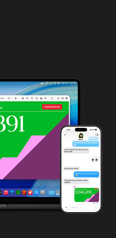 Un Mac che mostra una presentazione e lo sfondo di macOS Tahoe. Davanti al Mac c’è un iPhone con la stessa presentazione all’interno di uno scambio di messaggi di testo.