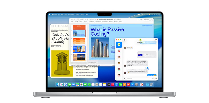 Demonstração de apps como Microsoft PowerPoint, Mensagens e Pages no MacBook Pro 14".