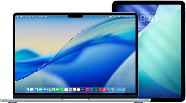 MacBook til venstre, iPad til højre, skærmene har lignende blå og grøn baggrunde.