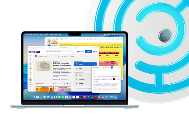 MacBook, bleu ciel, ouvert, l’écran affichant des contenus éducatifs dans Keynote, Mail et Safari, avec notamment « BIO-200: Quiz sur le système musculaire » dans Kahoot!