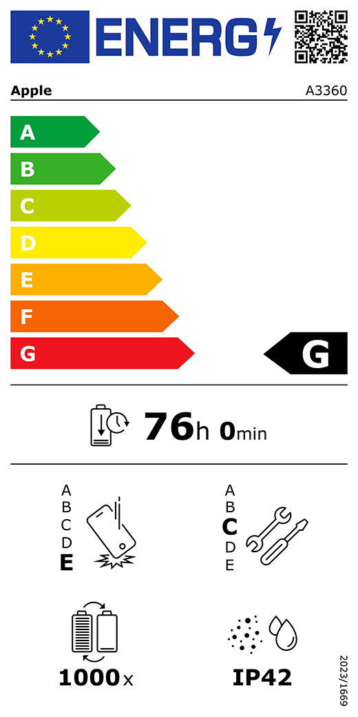 Étiquette énergétique de l’UE, code QR et informations, modèle Apple A3360, classe G, classes d’efficacité énergétique (échelle allant de A à G), A (la plus élevée) à G (la plus basse), endurance de la batterie par cycle, 76 heures et 0 minute par charge complète de la batterie, résistance aux chutes répétées de classe E, A (plus résistante) à E (moins résistante), réparabilité de classe C, A (plus réparable) à E (moins réparable), endurance de la batterie de 1 000 cycles, indice de protection IP42 pour la poussière et l’eau, règlement 2023/1669