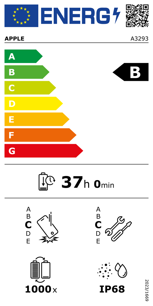 EU-energimærke, QR-kode og information, Apple-model A3293, klasse B, energieffektivitetsklasser (med en skala fra A til G), A (mest effektiv) til G (mindst effektiv), batteriholdbarhed pr. cyklus: 37 timer og 0 minutter pr. fuld batteriopladning, klasse C for holdbarhed ved gentagne frie fald, A (mest robust) til E (mindst robust), klasse C for reparerbarhed, A (mest reparerbar) til E (mindst reparerbar), batteriholdbarhed på 1000 cyklusser, IP-klassificering for støv- og vandbeskyttelse: IP68, forordning 2023/1669.