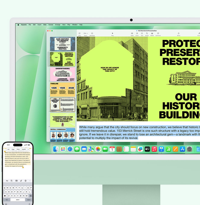 En grön iMac bredvid en iPhone. Text från appen Anteckningar på iPhone kopieras och klistras in på iMac