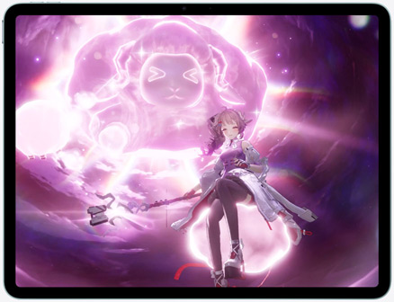 iPad Air, Vorderseite, das Display zeigt eine Spielszene aus dem Actionspiel Arknights: Endfield