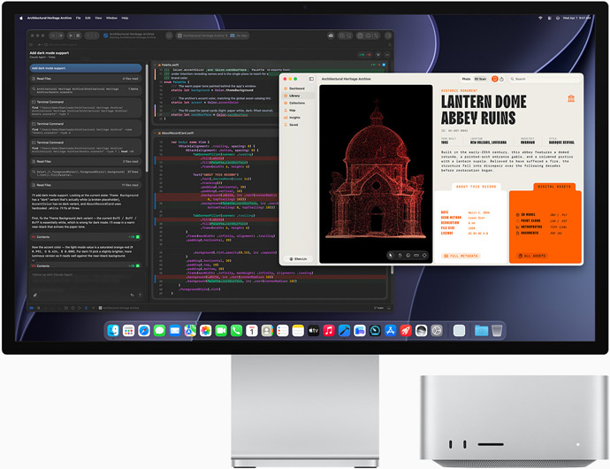 Studio Display XDR, på skärmen visas ett dokument som håller på att bearbetas i Claude Agent i XCode, Mac Studio, sedd framifrån