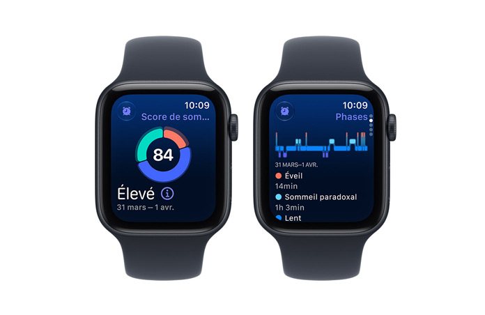 Apple Watch SE 3 devices, aluminum cases, midnight color, screens show sleep score, sleep stages, right side exterior, Digital Crown dials, Sport Bands, navy blue color