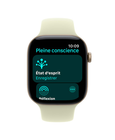 Apple Watch Series 11, boîtier en aluminium, couleur or rose, app Pleine conscience ouverte, côté droit, Digital Crown, Bracelet Sport rose tendre