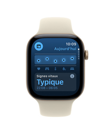 Apple Watch Ultra 3, boîtier en titane, noir, graphique circulaire et résultat du score de sommeil, côté gauche, bouton Action, côté droit, Digital Crown, bouton latéral, Bracelet Océan, noir, analyse complète du sommeil affichée sur un iPhone jumelé 