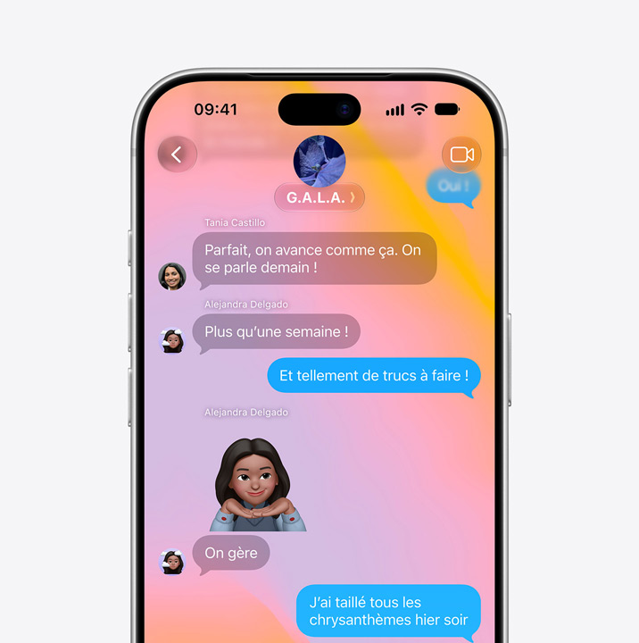 iPhone screen open to Messages app. Screen shows text conversation between two people that includes a Memoji.