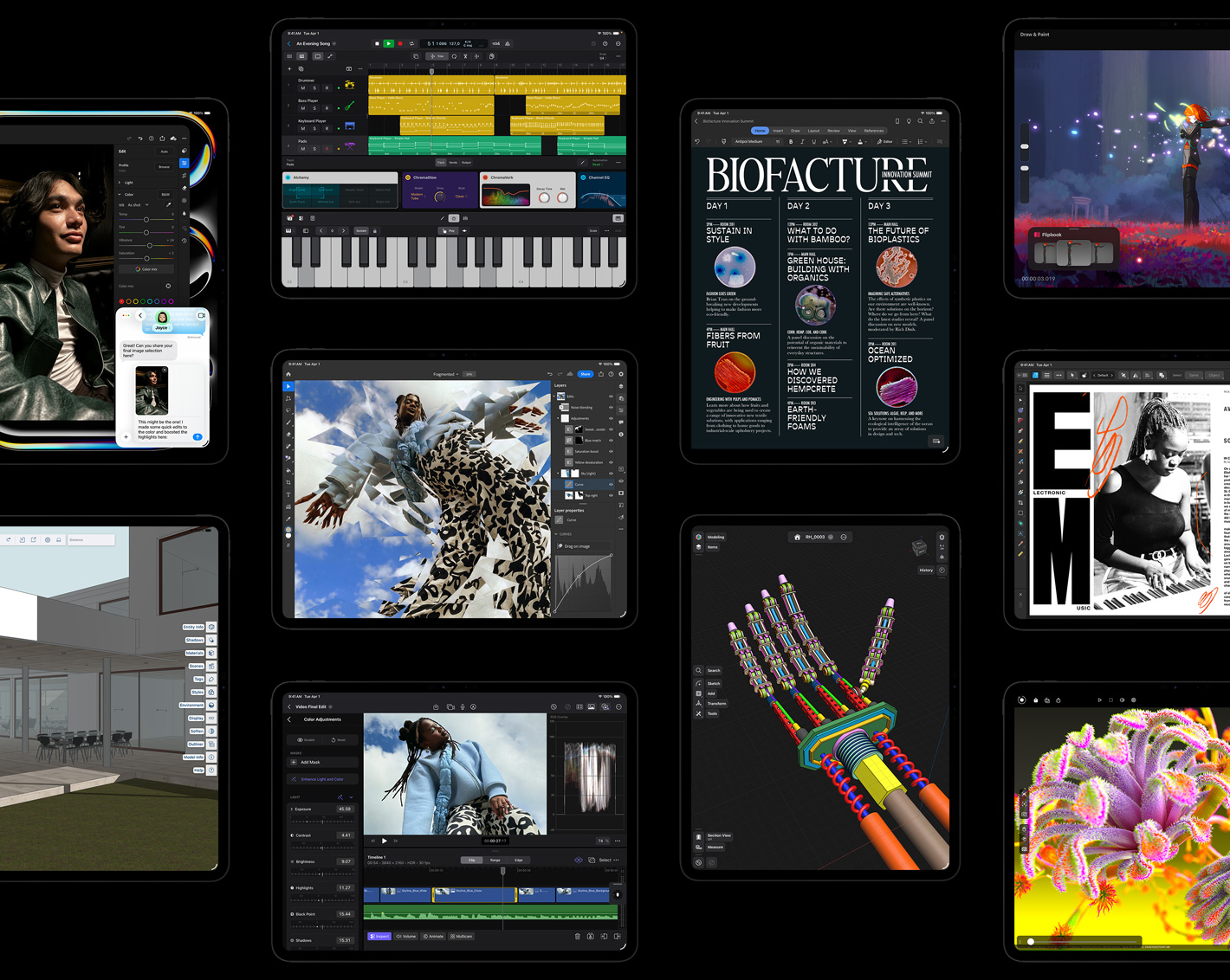 Πολλές οθόνες iPad Pro που εμφανίζουν apps για iPadOS με ανοιχτά δημιουργικά έργα, συμπεριλαμβανόμενων των Logic Pro, Adobe Lightroom, Adobe Photoshop, Final Cut Pro, Trimble SketchUp, Microsoft Word, Procreate Dreams, Affinity Designer 2, Shapr3D, Octane X