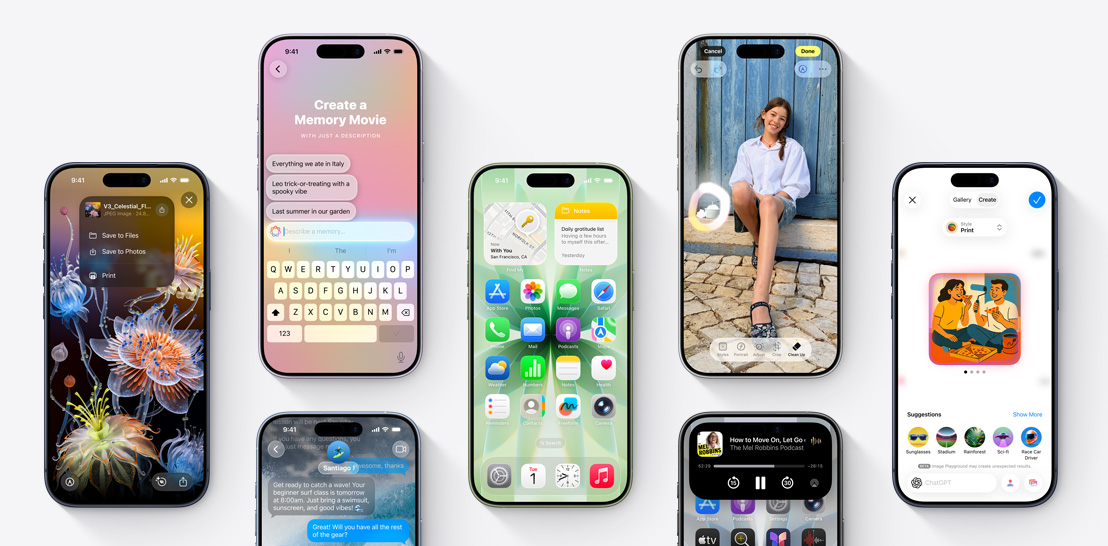 Μια διάταξη συσκευών iPhone 17 και 17 Pro, η καθεμία με διαφορετική οθόνη που δείχνει το iOS 26 και τις λειτουργίες του Apple Intelligence