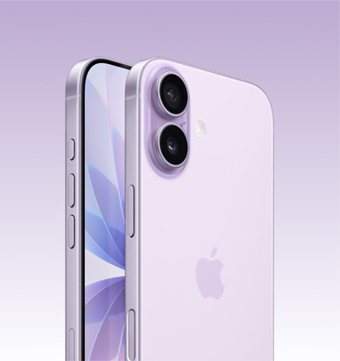 iPhone 17 σε φινίρισμα Λεβάντα, μερική οθόνη και πλαϊνή όψη που δείχνει το κουμπί Ενέργειας, το κουμπί έντασης ήχου και το πλευρικό κουμπί. Πίσω εξωτερική πλευρά που δείχνει το προηγμένο σύστημα διπλής κάμερας στην επάνω αριστερή γωνία.